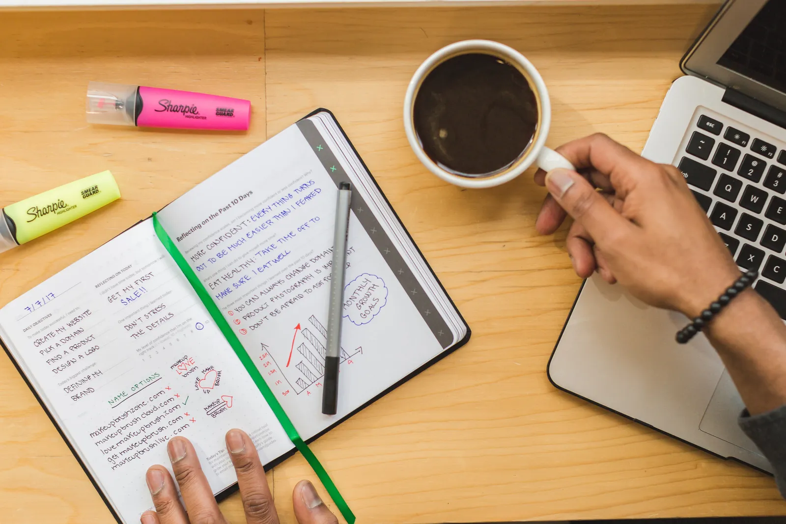 Hände, Notizbuch und Kaffeetasse auf einem Tisch